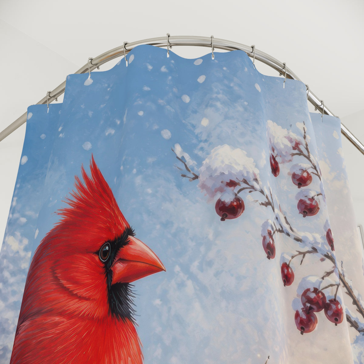 Red cardinal on snowy berry bough shower curtain with close-up print, hooks, and folds
