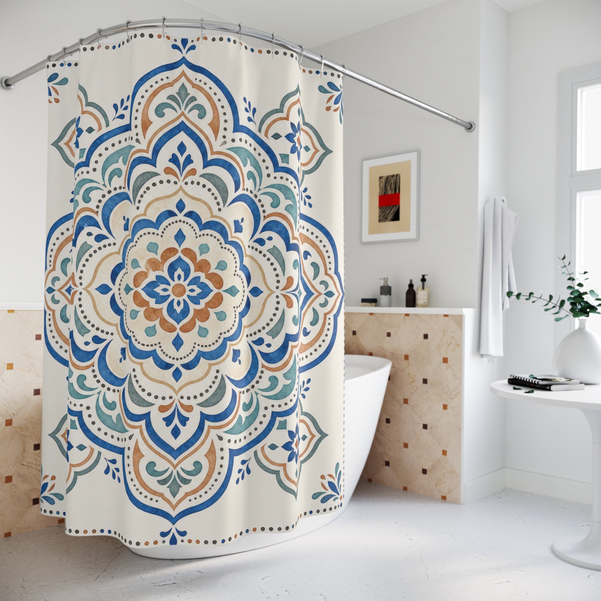 Blue Orange Mandala Medallion Shower Curtain