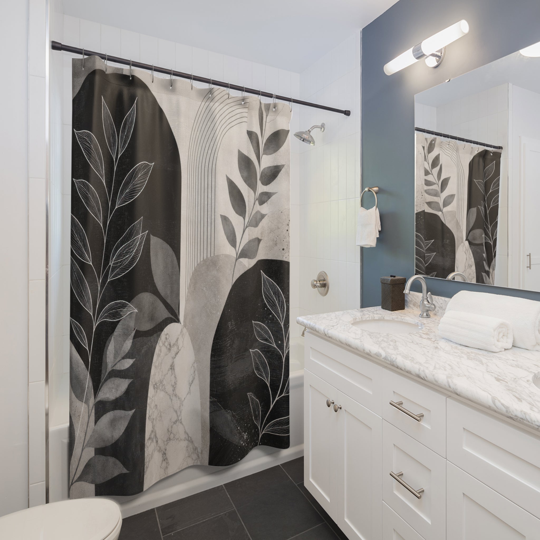 Black Grey and White Shower Curtain: Botanical Arch Pattern