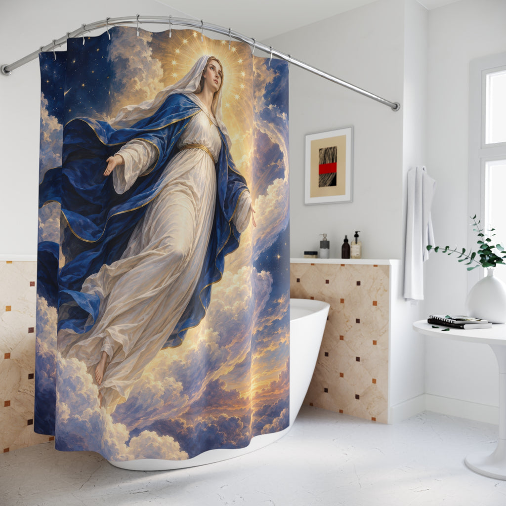 Virgin Mary ascending through blue and gold clouds shower curtain beside a freestanding tub