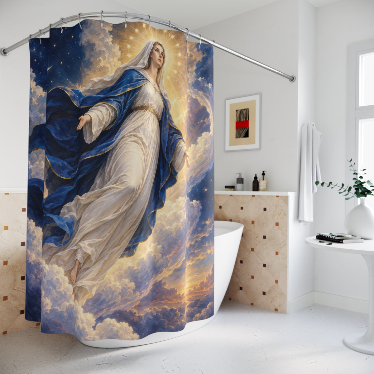 Virgin Mary ascending through blue and gold clouds shower curtain beside a freestanding tub