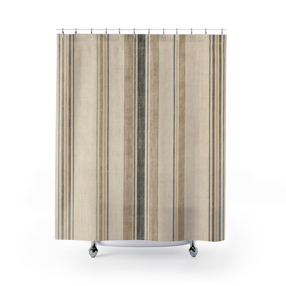 Farmhouse Stripe oatmeal grain sack shower curtain with full front view