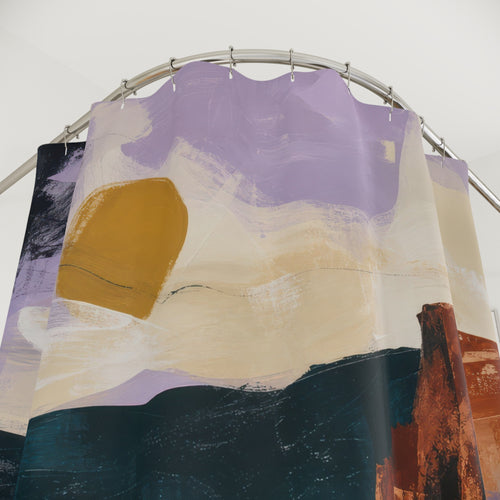 Abstract Coastal Landscape artistic painterly shower curtain with close-up print, hooks, and folds