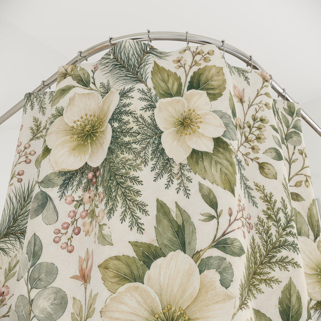 White Botanical Green Floral Shower Curtain