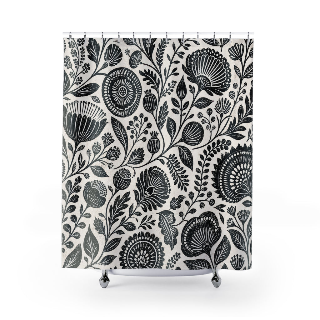 Black White Folk Botanical Shower Curtain
