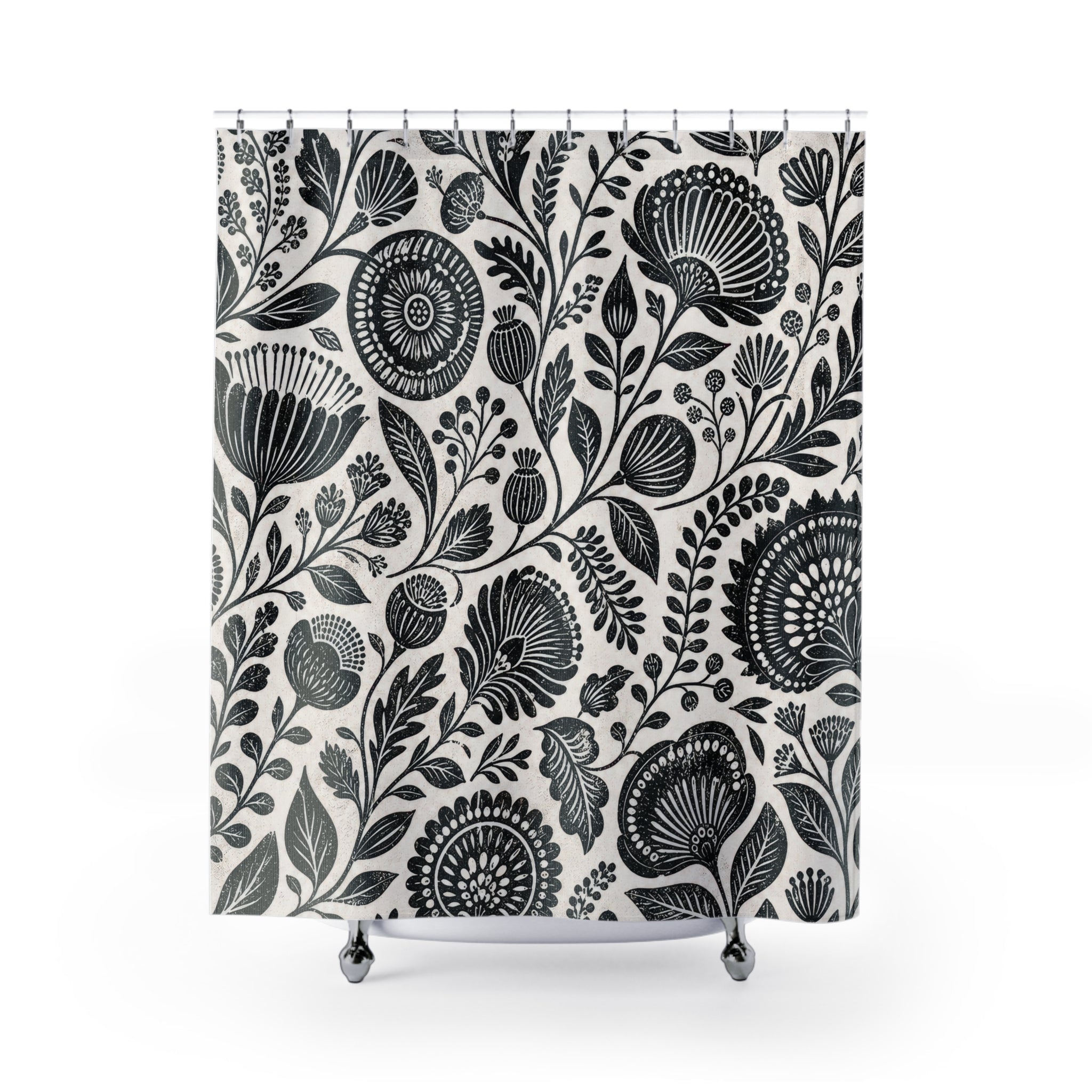 Black White Folk Botanical Shower Curtain