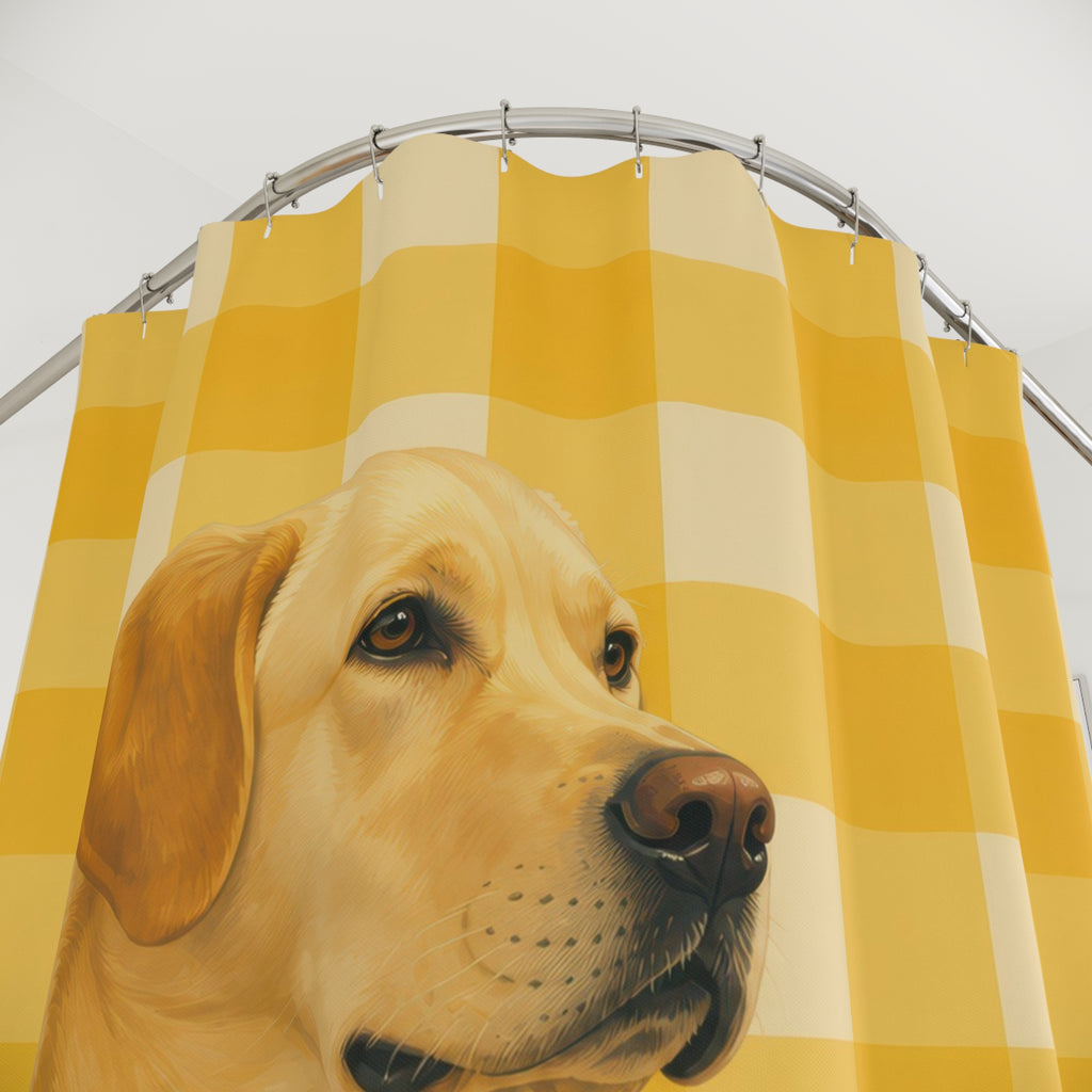 Reclining yellow Labrador on sunny gingham meadow shower curtain with close-up print, hooks, and folds