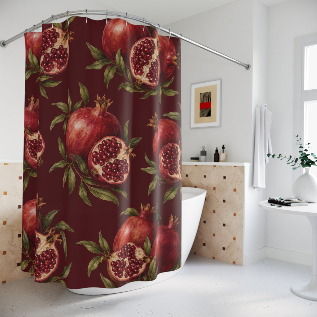 Red pomegranates with ruby seeds and green leaves on maroon shower curtain beside a freestanding tub
