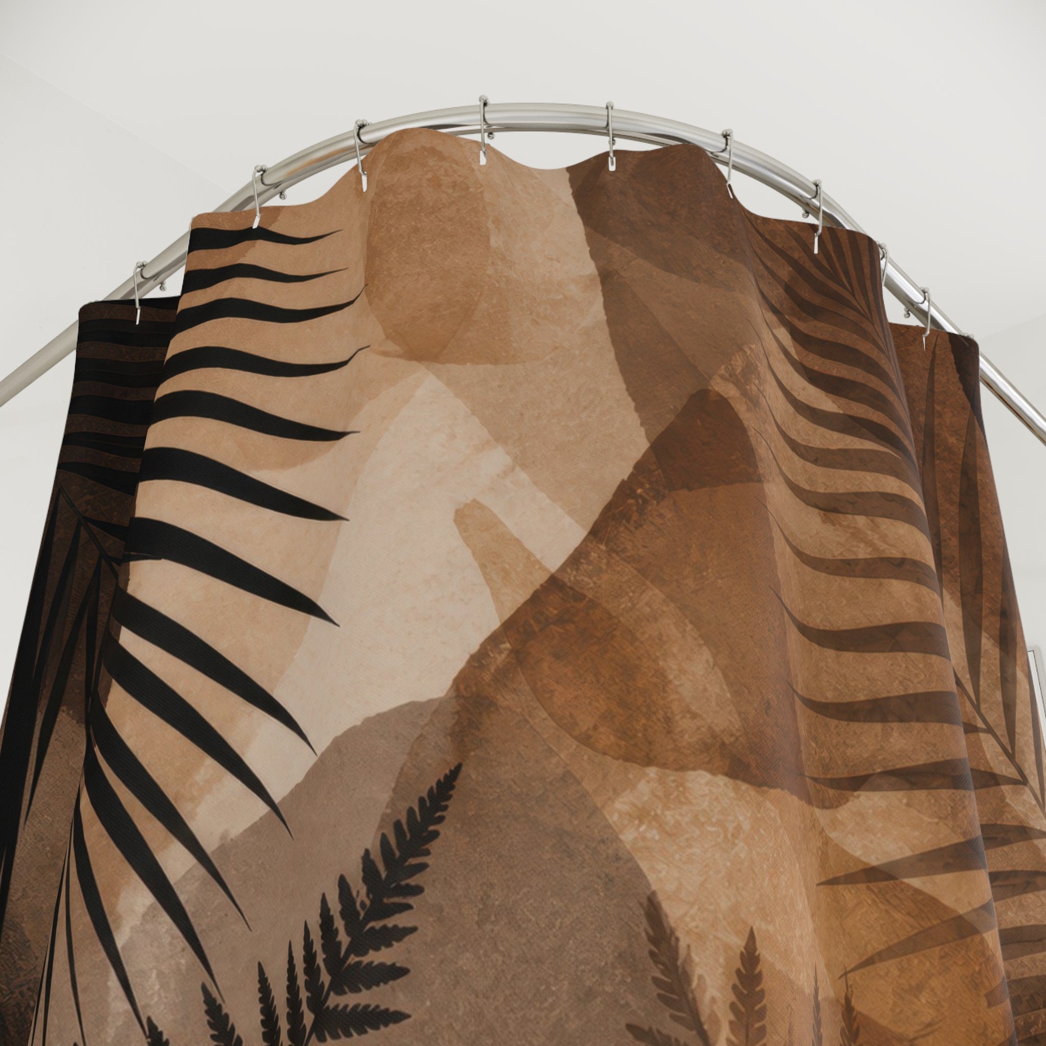 Palm Shower Curtain, Brown Beige Botanical Bath Decor, Sepia Fern Leaf Pattern, Warm Tropical Nature Leaf Guest Bathroom Decor Style