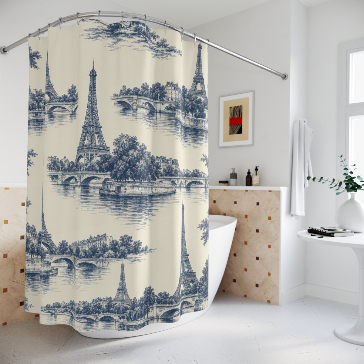 Indigo Eiffel Towers and river bridges on warm ivory shower curtain beside a freestanding tub