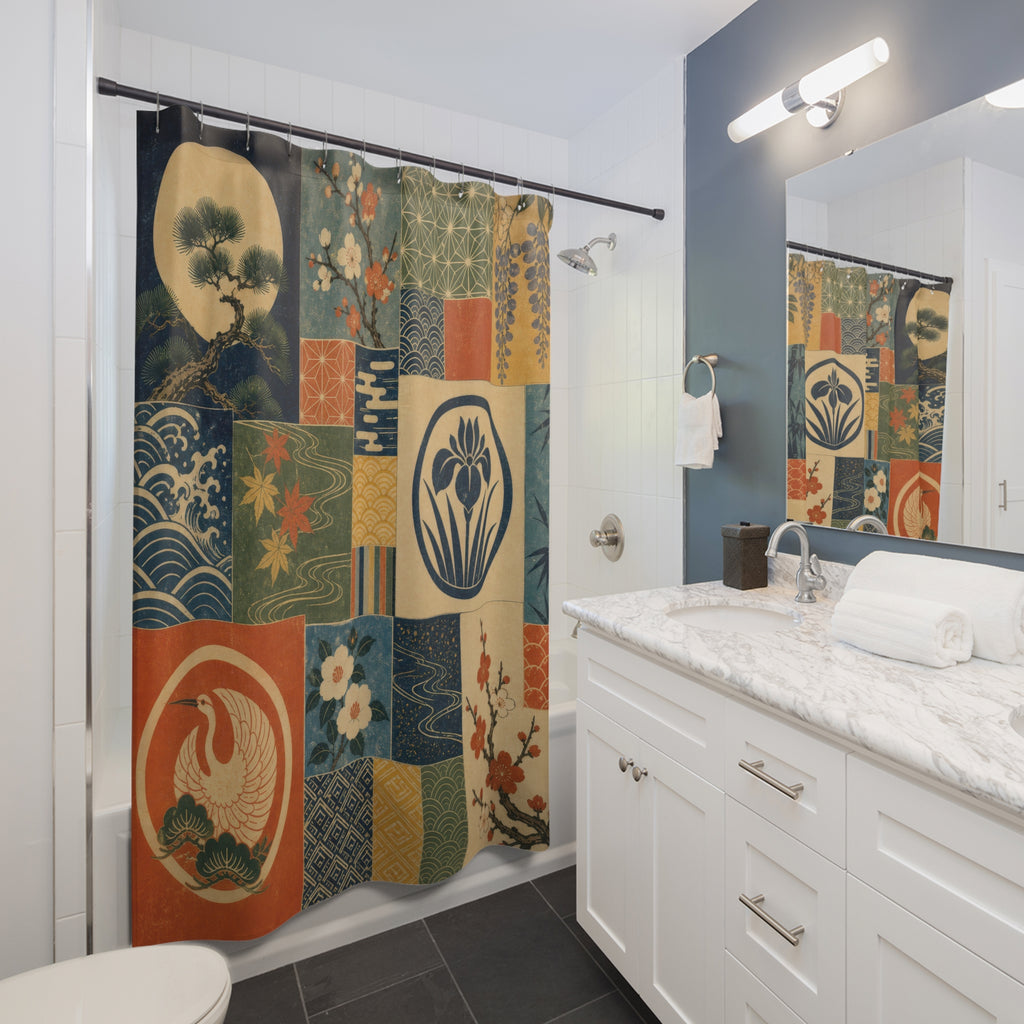 Japanese seasonal crest patchwork with cranes waves and blossoms shower curtain beside a white vanity