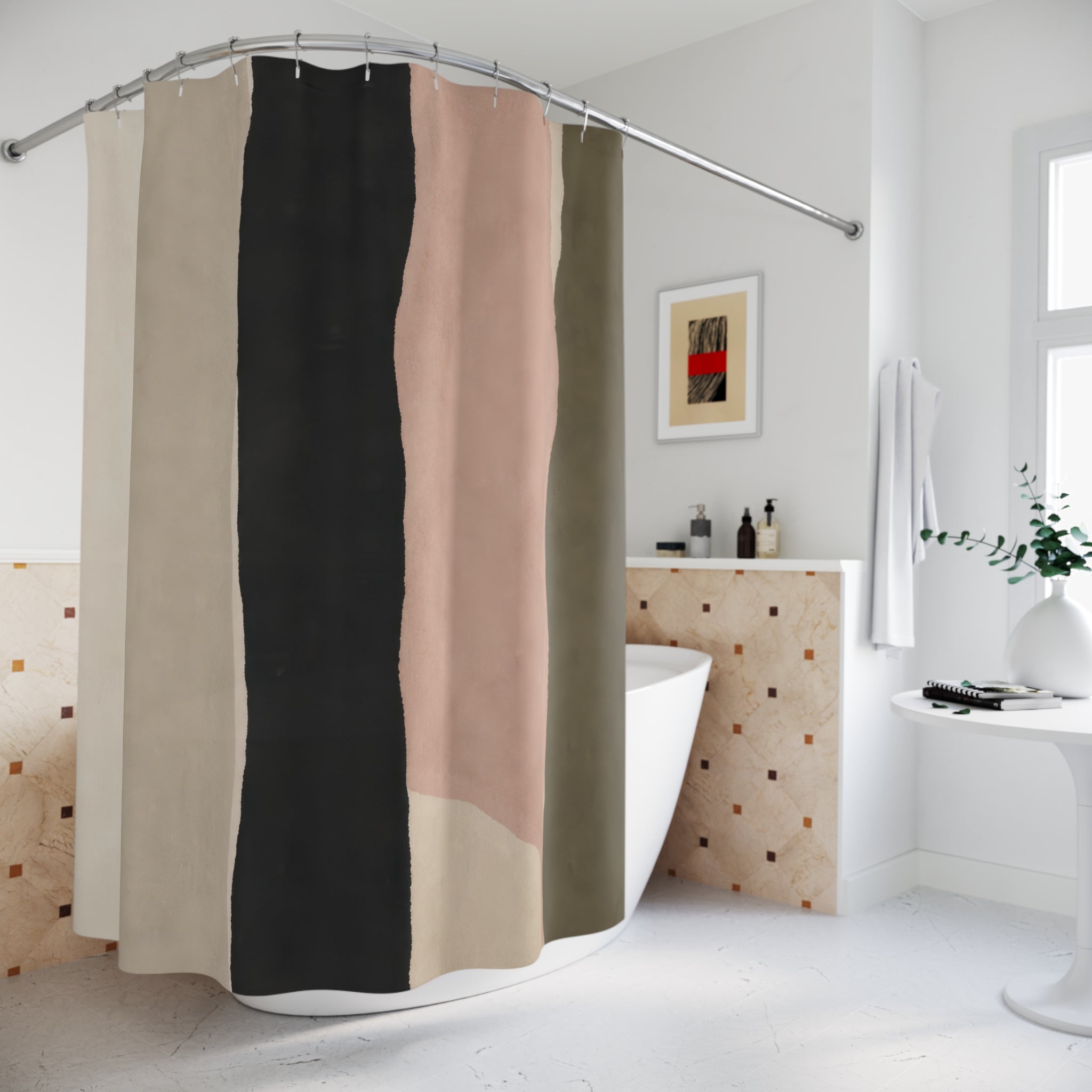 Black Beige Blush Pink Vertical Band Shower Curtain