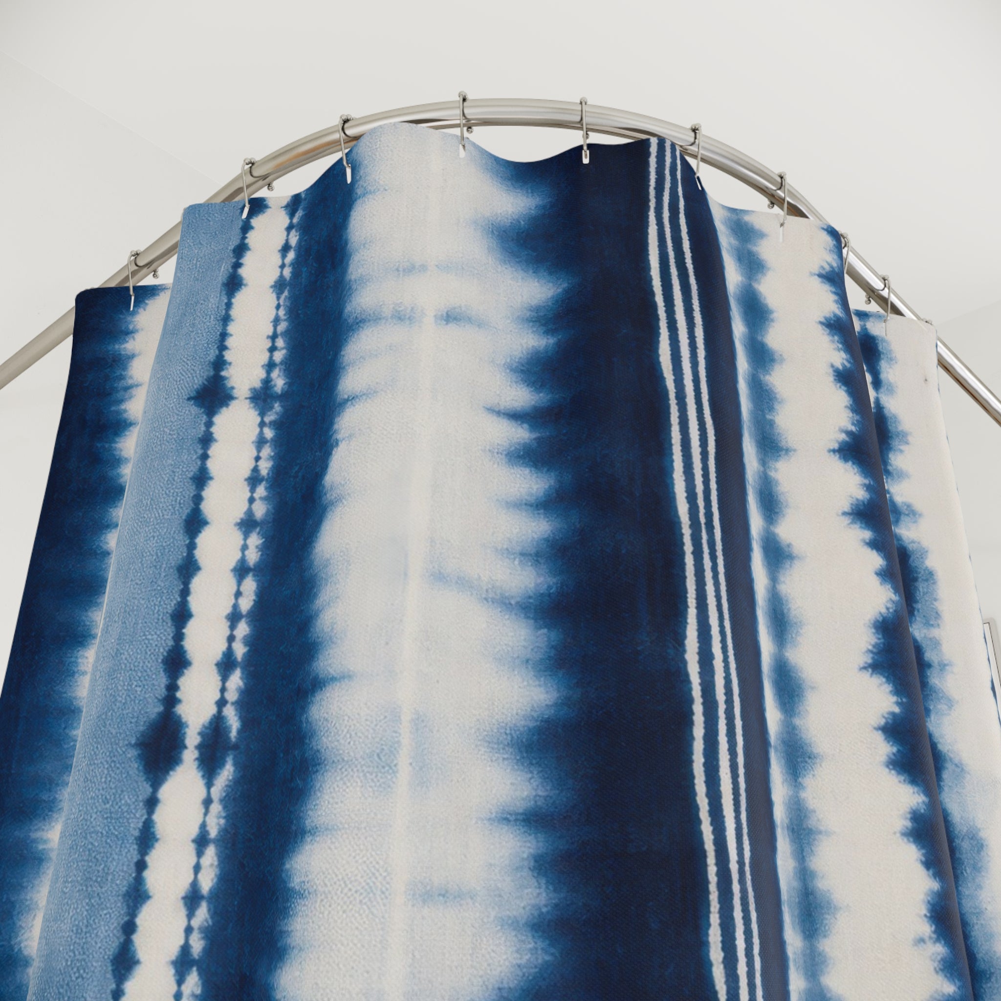 Navy White Tie Dye Look Vertical Stripe Shower Curtain