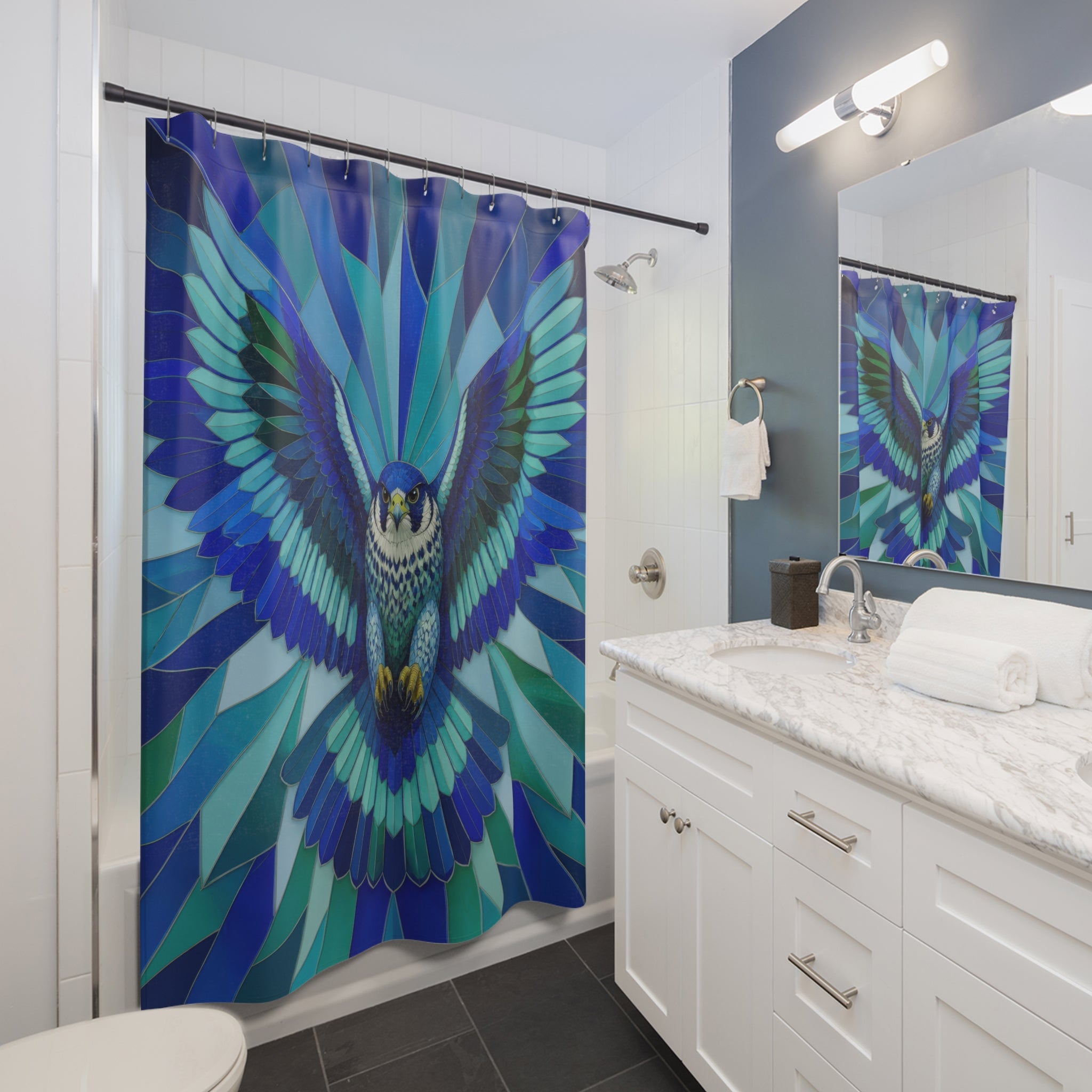 Frontal falcon with cobalt teal and emerald prismatic wings shower curtain installed beside a white vanity
