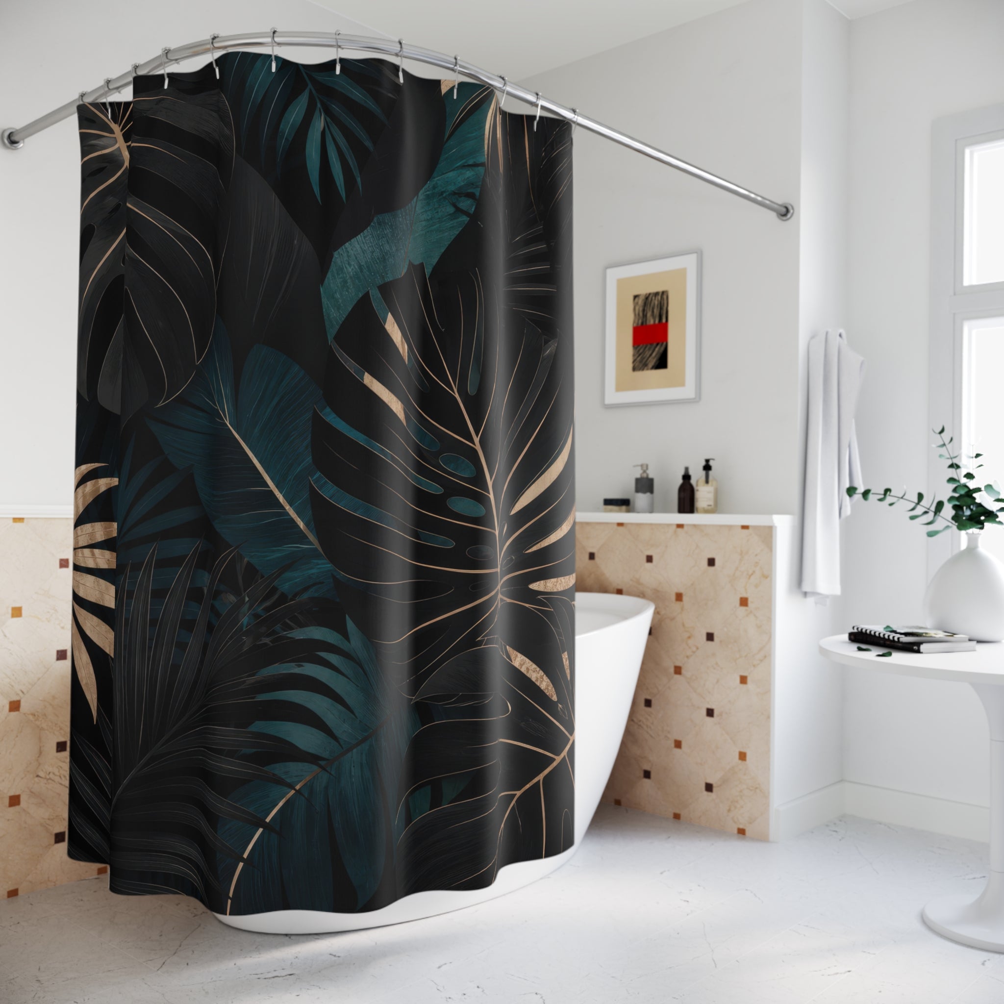 Black Monstera Palm Shower Curtain