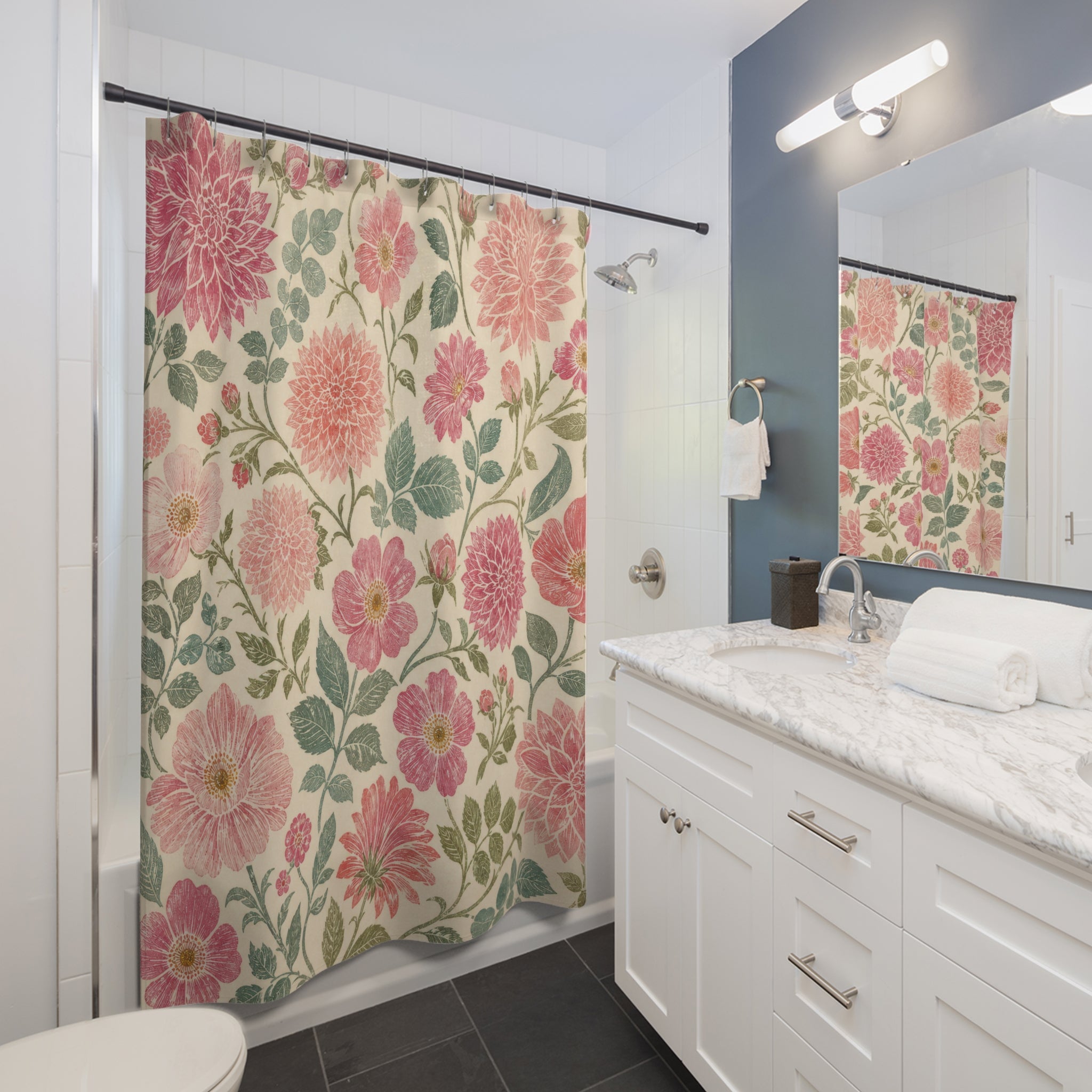 Pink Sage Block Print Floral Shower Curtain