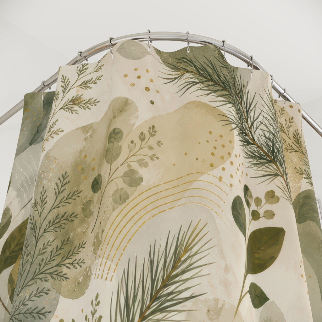 Green Botanical Shower Curtain, Beige Sage Bath Decor, Soft Leaf Abstract Pattern, Soft Organic Neutral Guest Bathroom Decor Style
