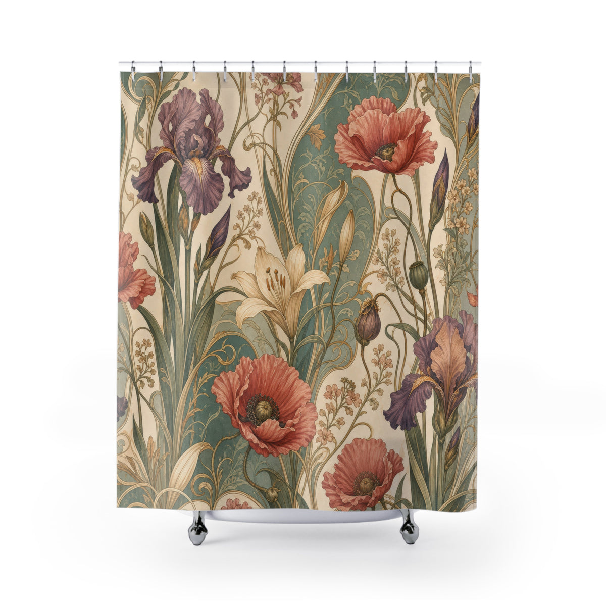 Art Nouveau Poppy sage coral shower curtain with full front view