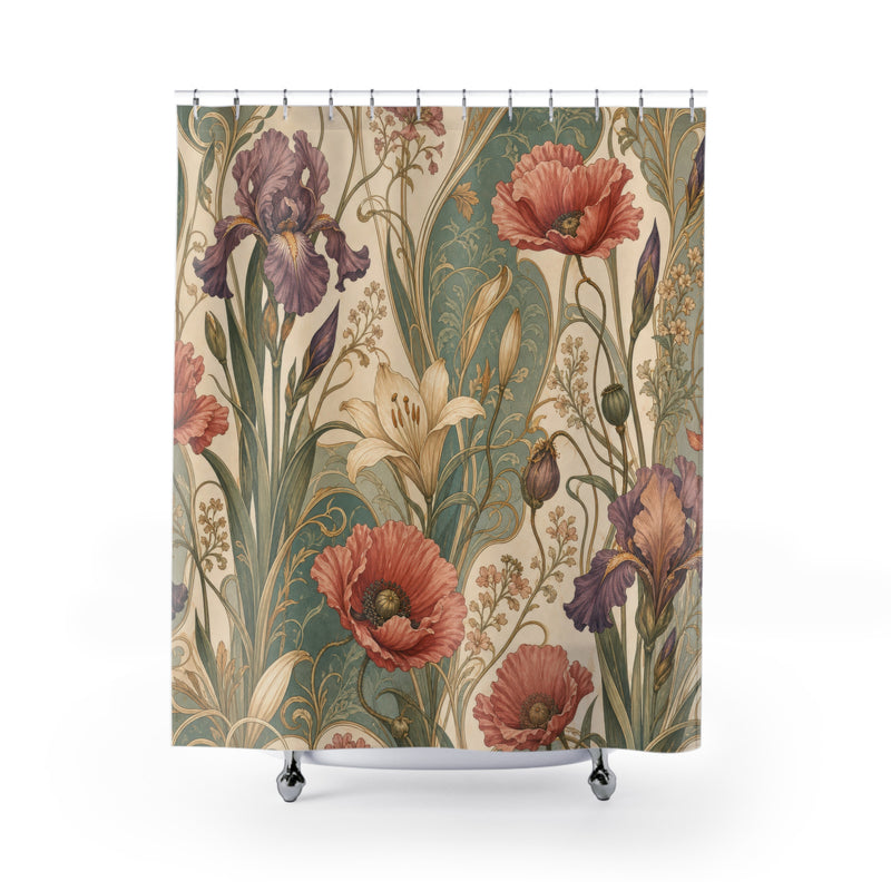 Art Nouveau Poppy sage coral shower curtain with full front view