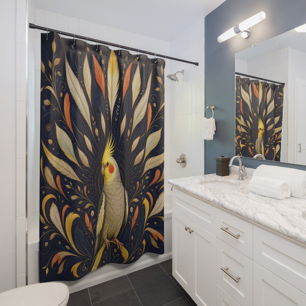 Yellow crested cockatiel in a navy feather sunburst shower curtain installed beside a white vanity