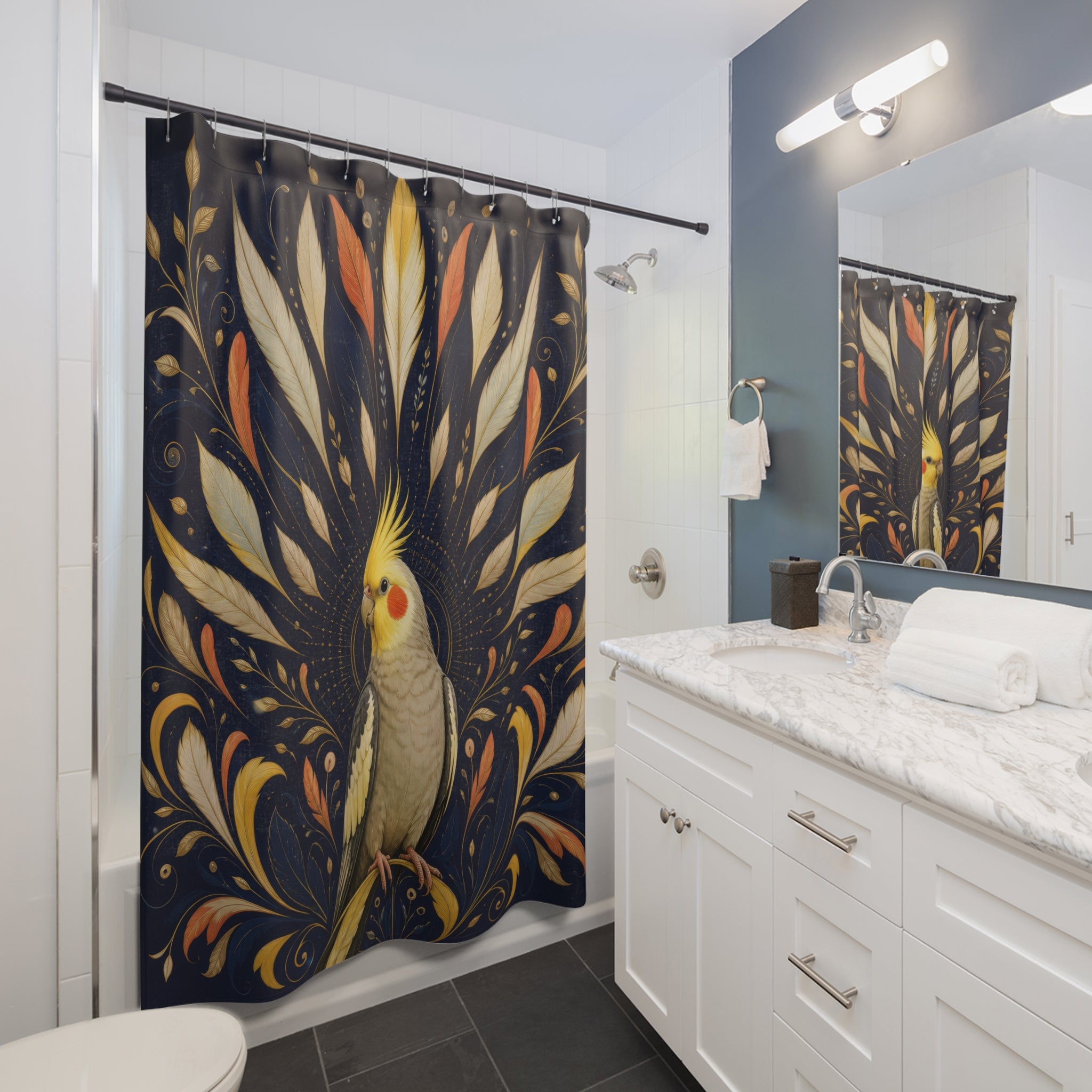 Yellow crested cockatiel in a navy feather sunburst shower curtain installed beside a white vanity
