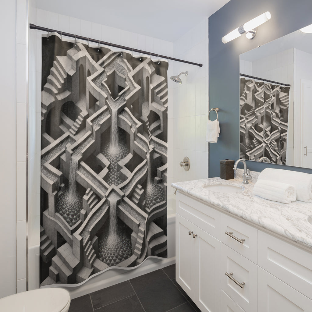 Black White Impossible Waterfall Print Shower Curtain
