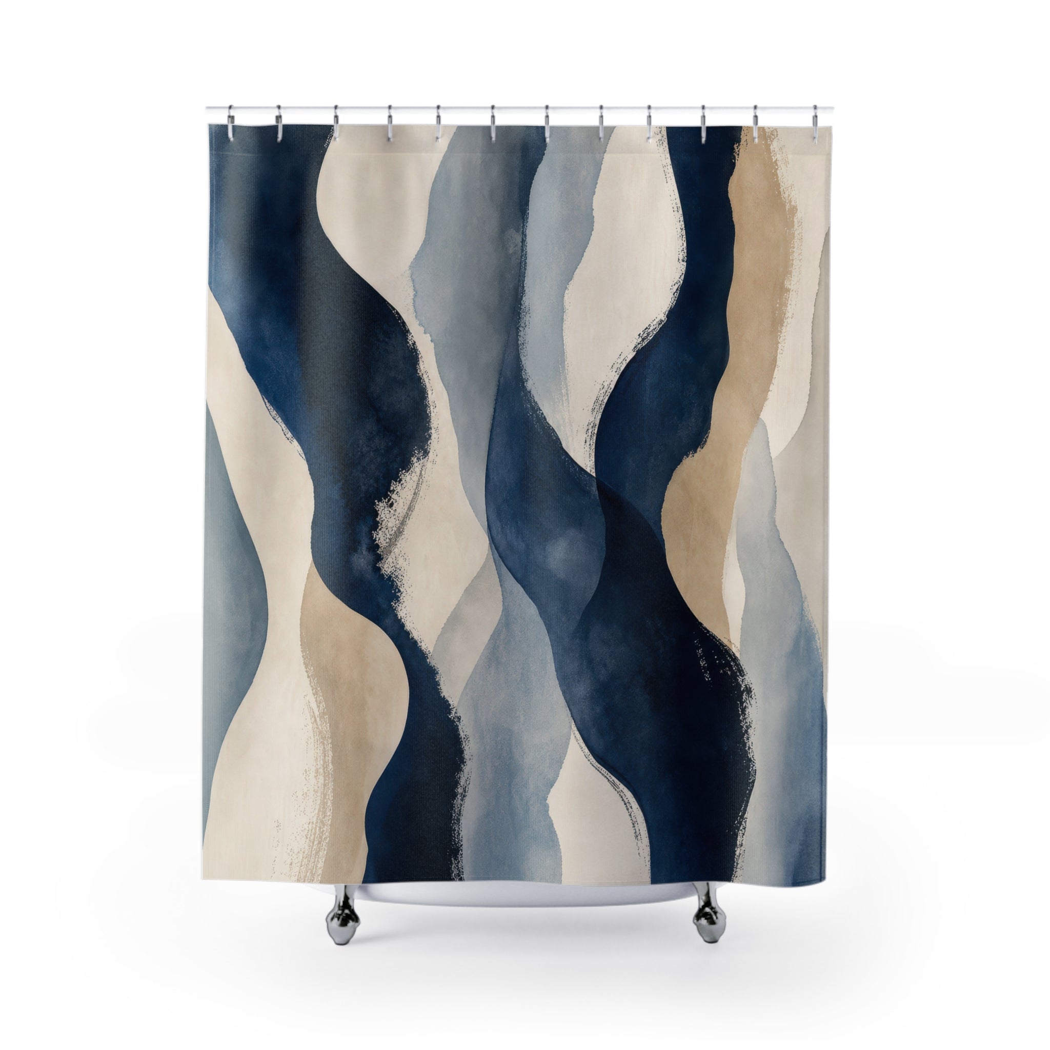 Navy Beige Watercolor Wave Stripe Shower Curtain