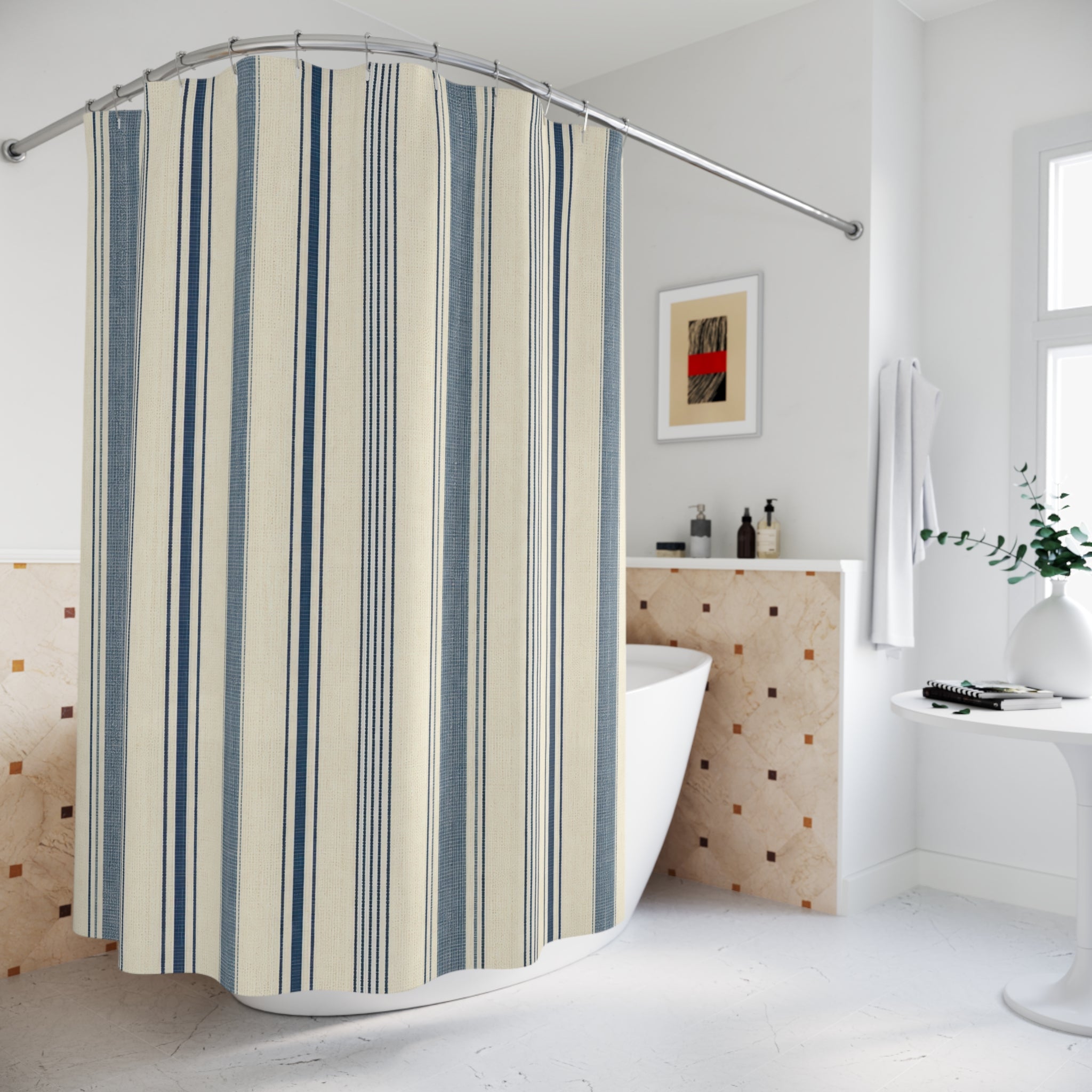 Indigo Ivory Ticking Shower Curtain