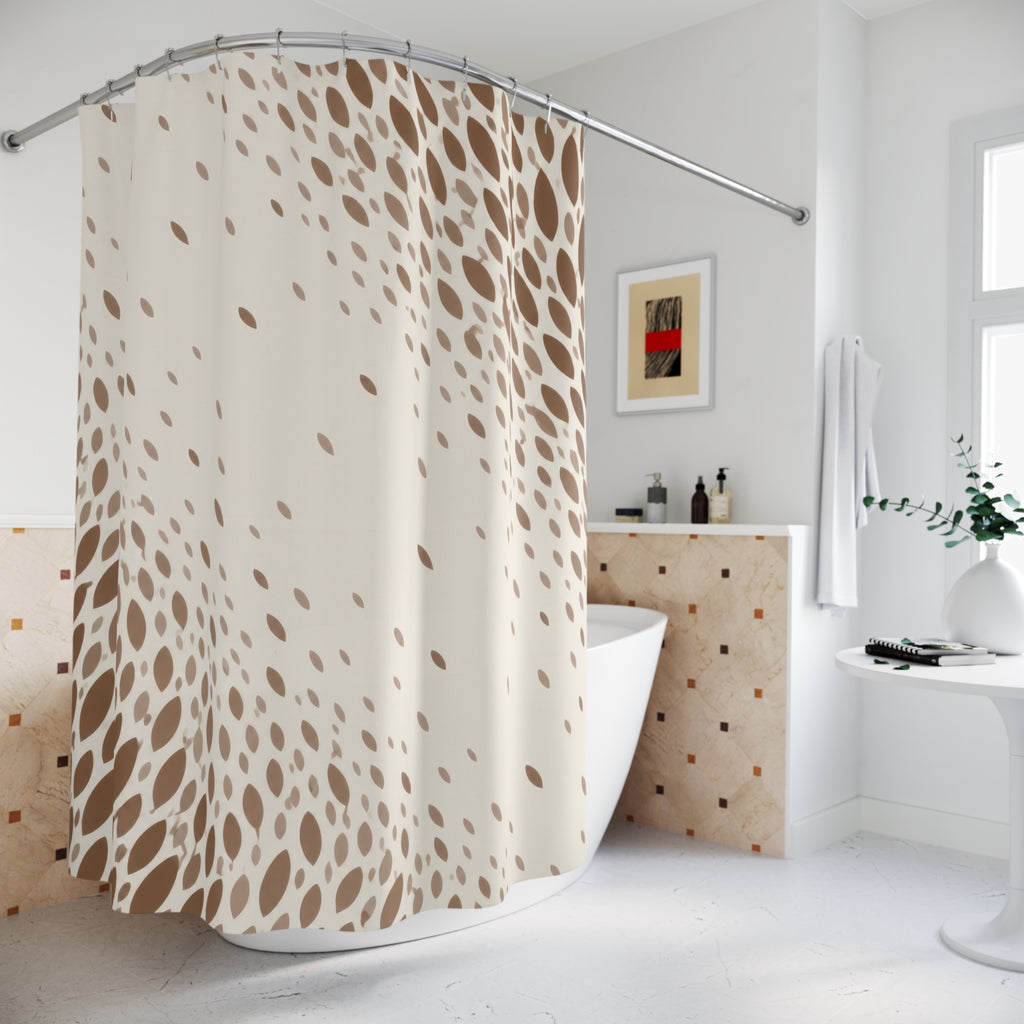 Brown and taupe fawn spots framing an ivory diagonal opening shower curtain beside a freestanding tub