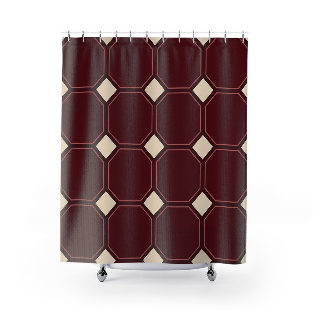Maroon octagons with rose outlines and cream squares shower curtain with full front view