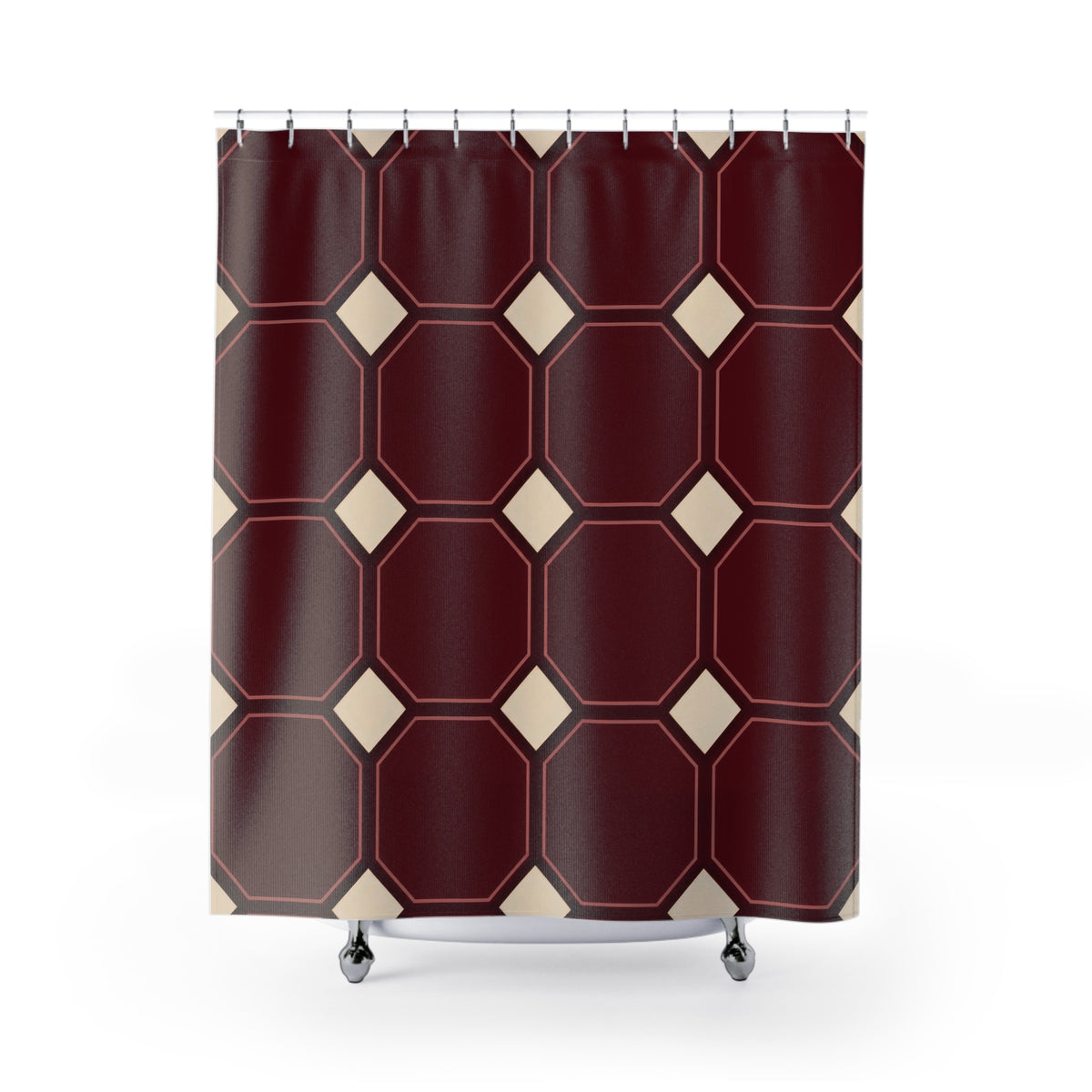 Maroon octagons with rose outlines and cream squares shower curtain with full front view