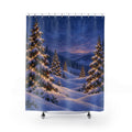 Snowy Christmas trees with warm lights in a blue winter valley shower curtain with full front view