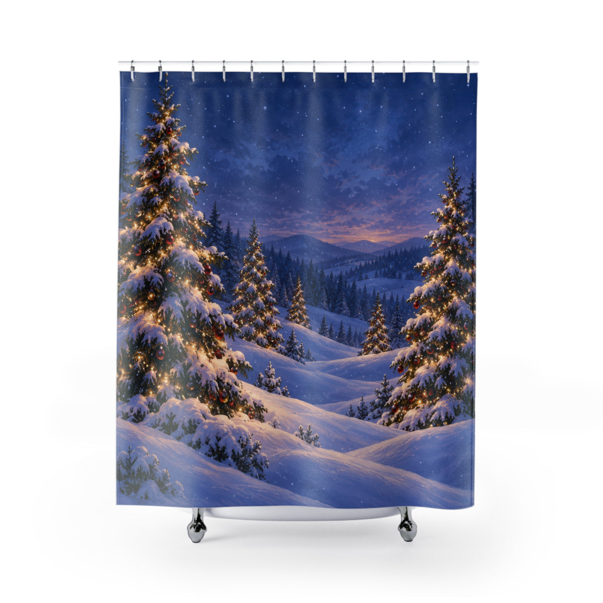 Snowy Christmas trees with warm lights in a blue winter valley shower curtain with full front view