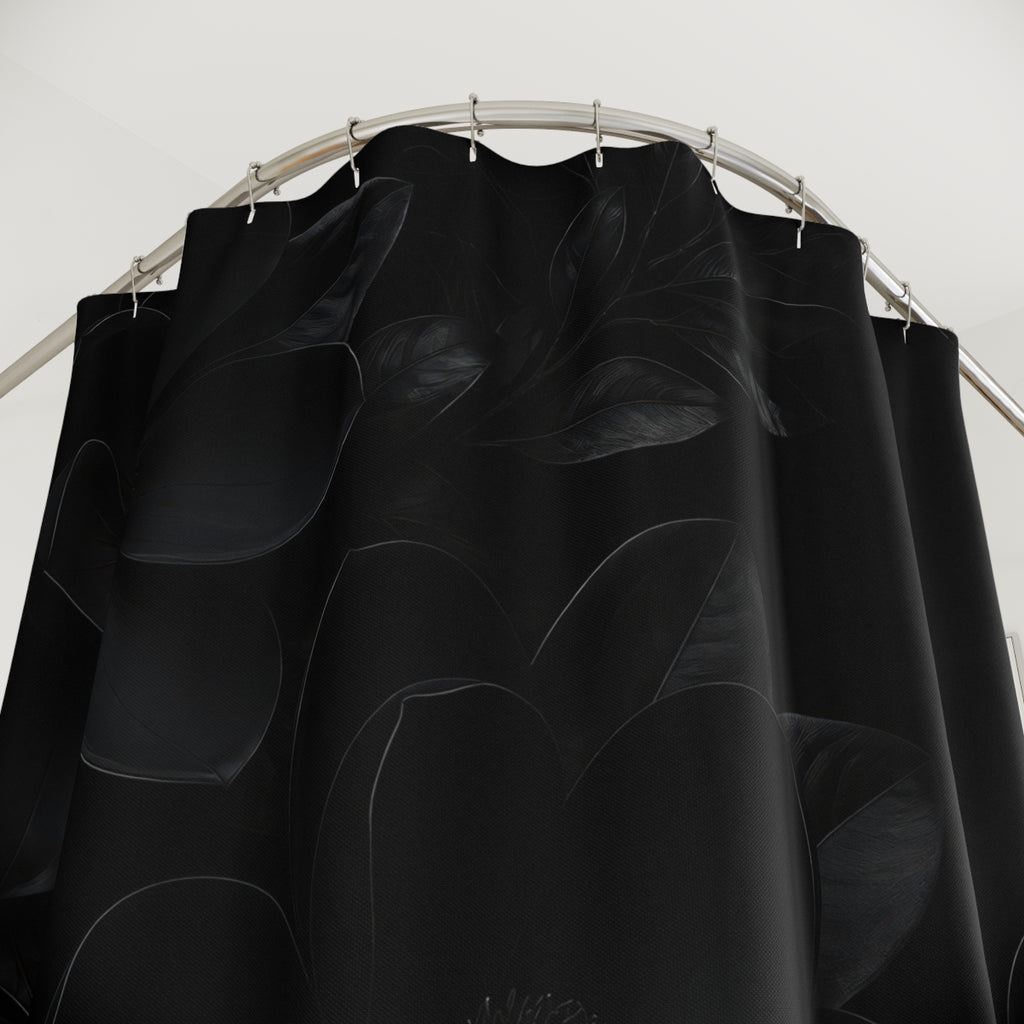 Close-up of Black magnolias and glossy branches on an inky black field shower curtain with hooks and folds