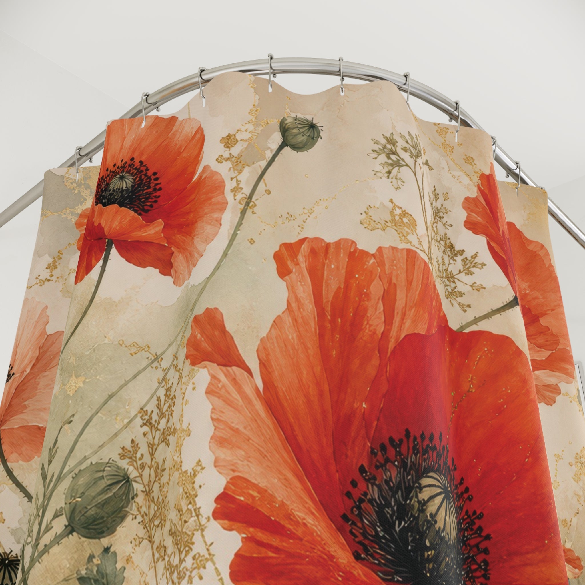 Poppy Shower Curtain: Red Orange Wildflower Watercolor Pattern