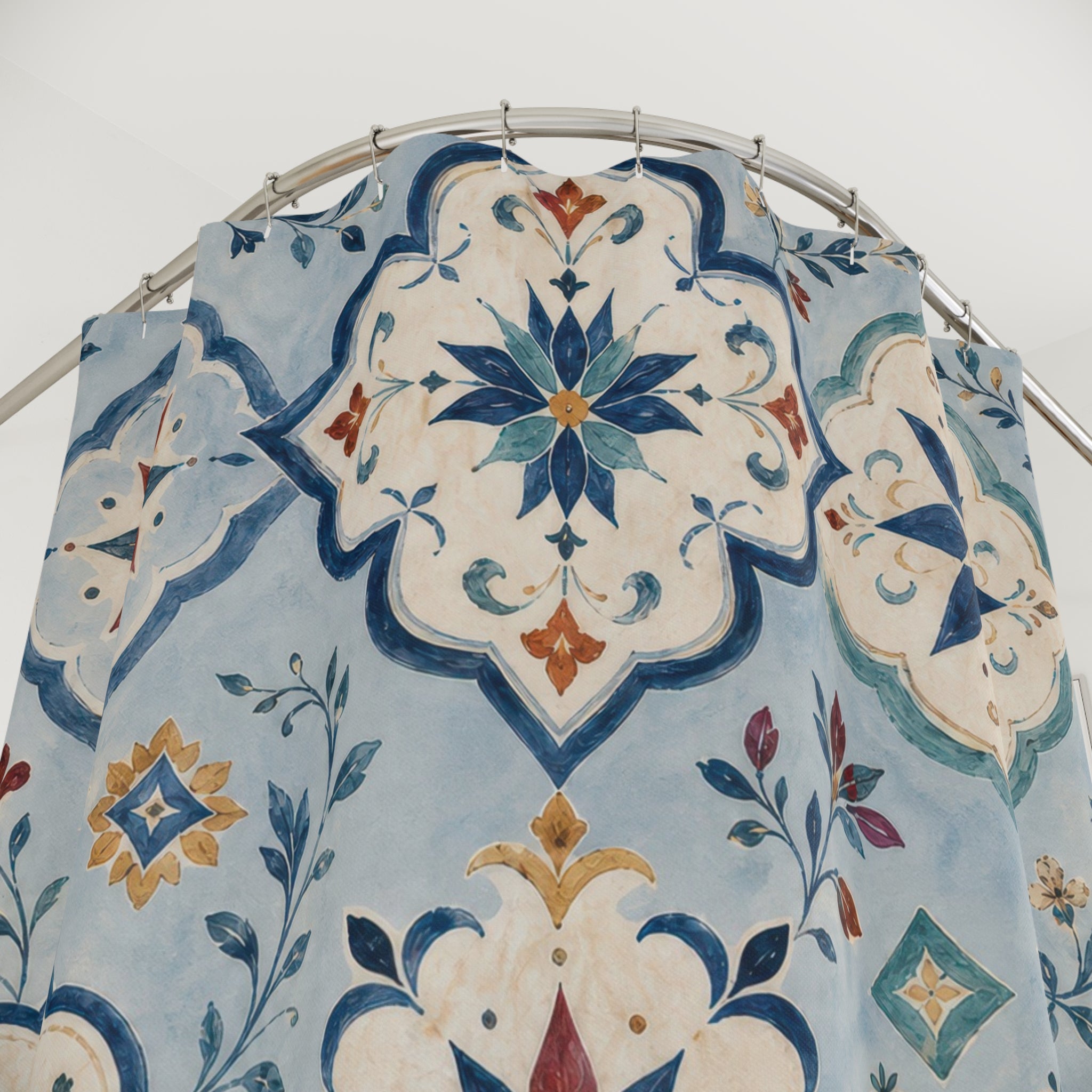Blue Moroccan Tile Shower Curtain, Mediterranean Bathroom Decor, Blue Tile Bath Curtain, Patterned Guest Bathroom Decor, Tile Bath Decor