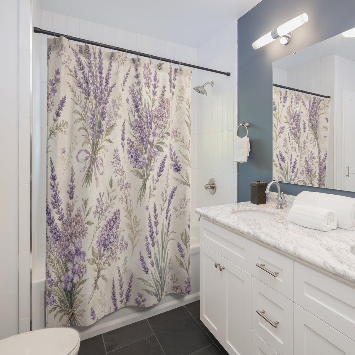 Purple Floral vintage lavender cottage shower curtain beside a white vanity