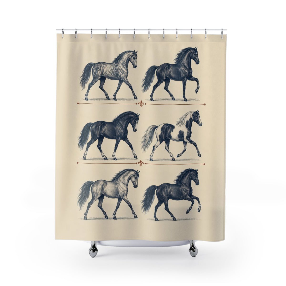 Indigo horse studies in three rows on ivory shower curtain with full front view