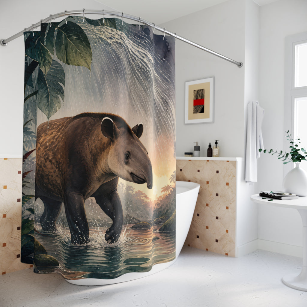 Tapir animal crossing jade rainforest water in silver rain shower curtain beside a freestanding tub