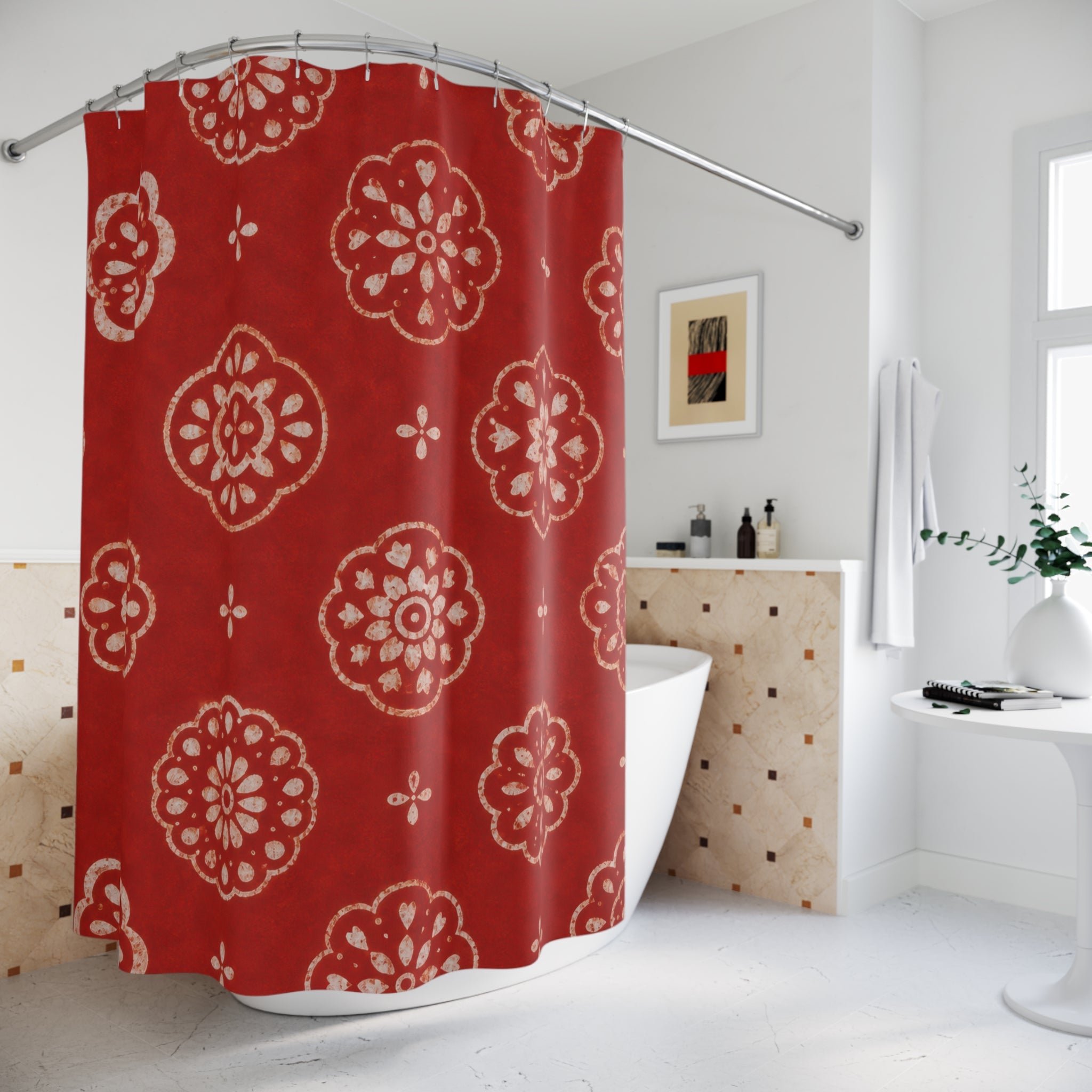 Cream Floral Medallion Red Shower Curtain
