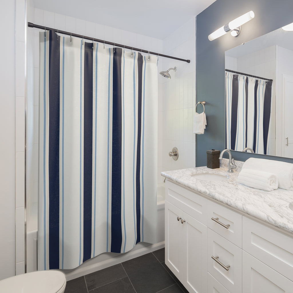Navy Pale Blue Cream Stripe Shower Curtain