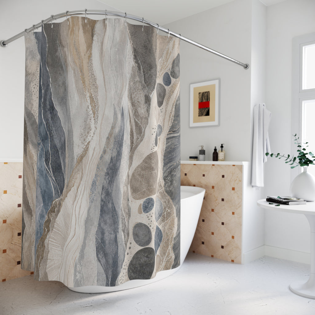 Stone Abstract slate gray blue shower curtain beside a freestanding tub