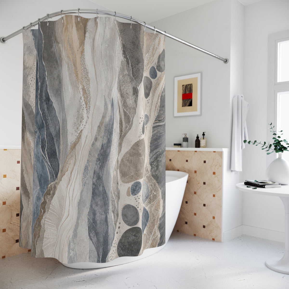 Stone Abstract slate gray blue shower curtain beside a freestanding tub
