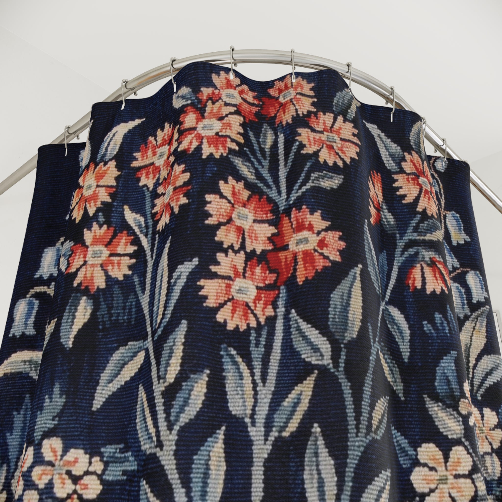 Dark Blue Floral Shower Curtain – Navy Woodland Garden