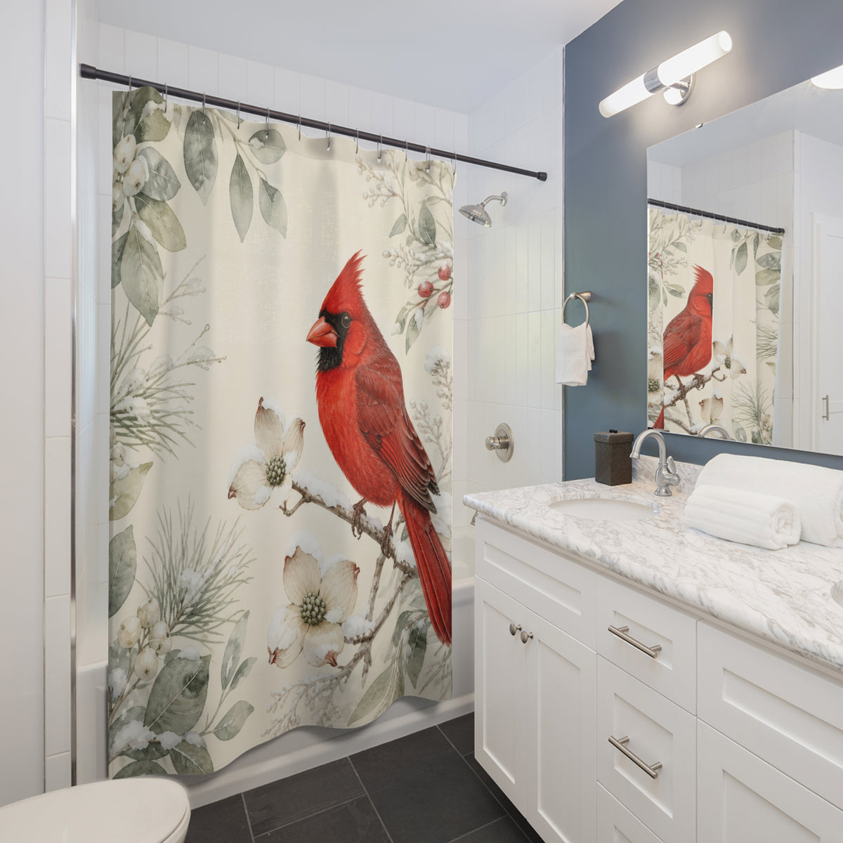 Red cardinal with sage winter botanicals shower curtain beside a white vanity