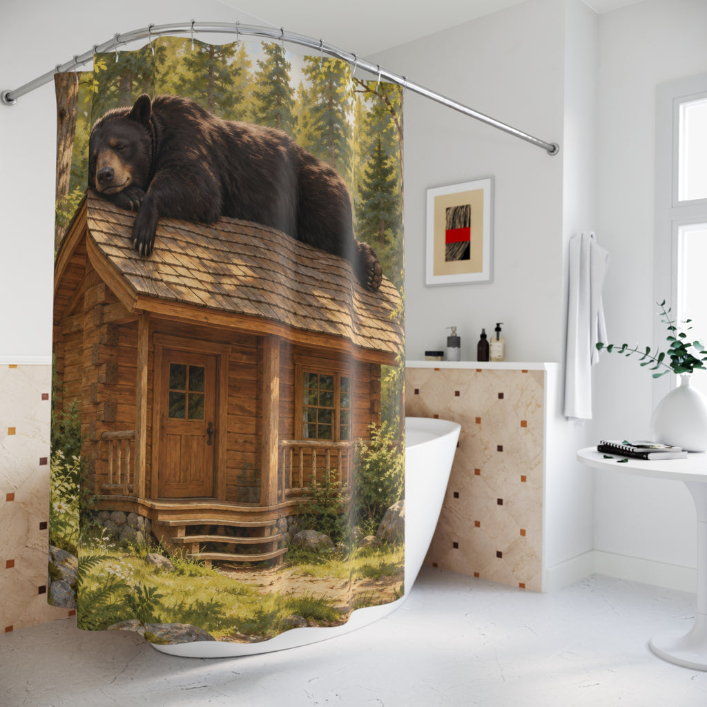 Sleepy black bear on a log cabin roof shower curtain beside a freestanding tub