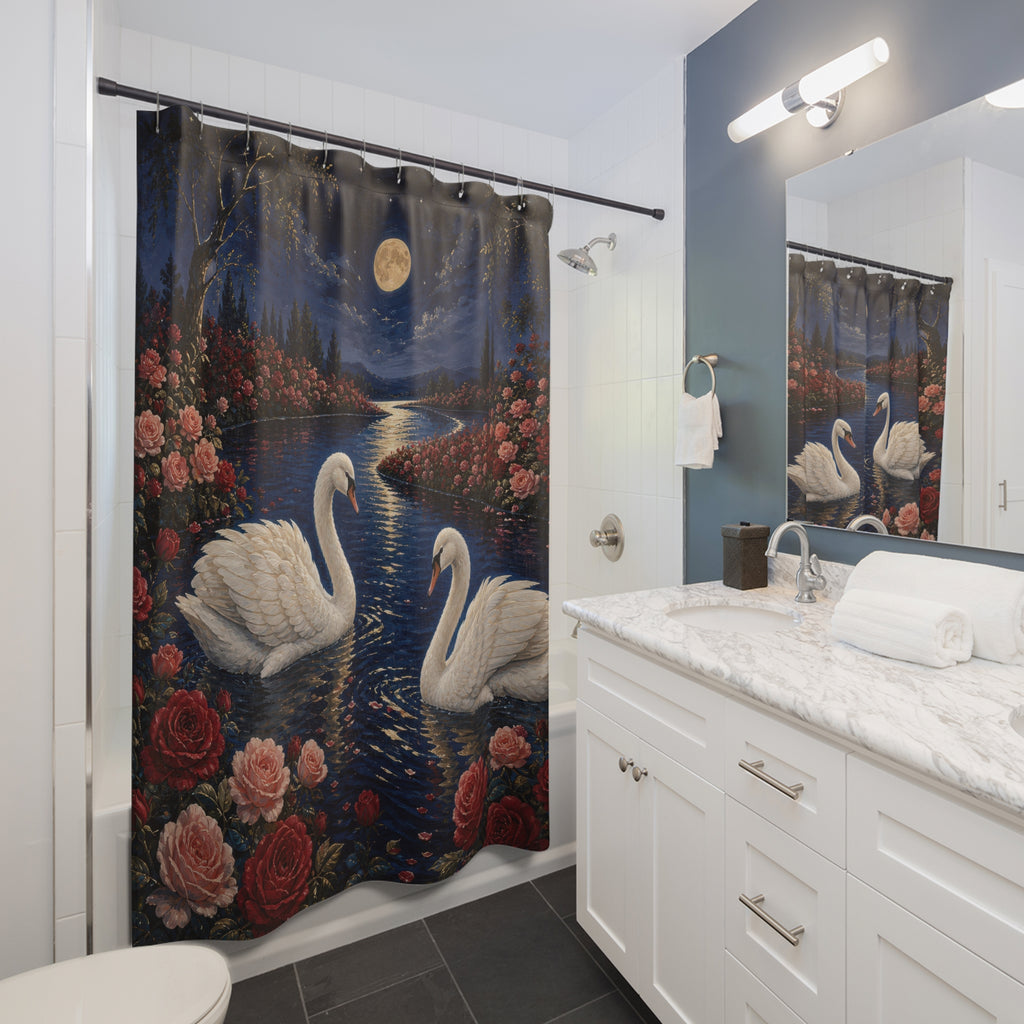 Moonlit Swan Valentine Shower Curtain