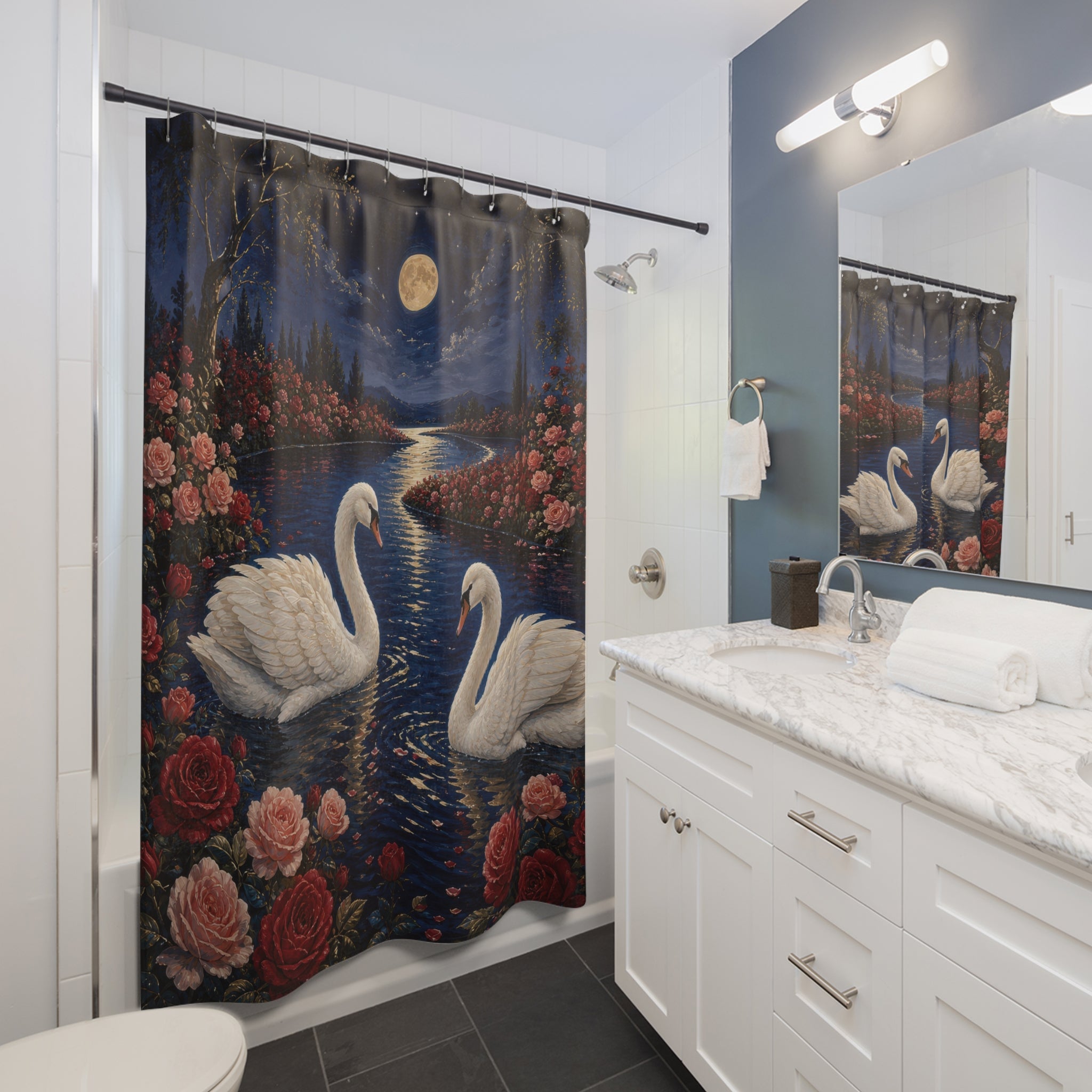Moonlit Swan Valentine Shower Curtain