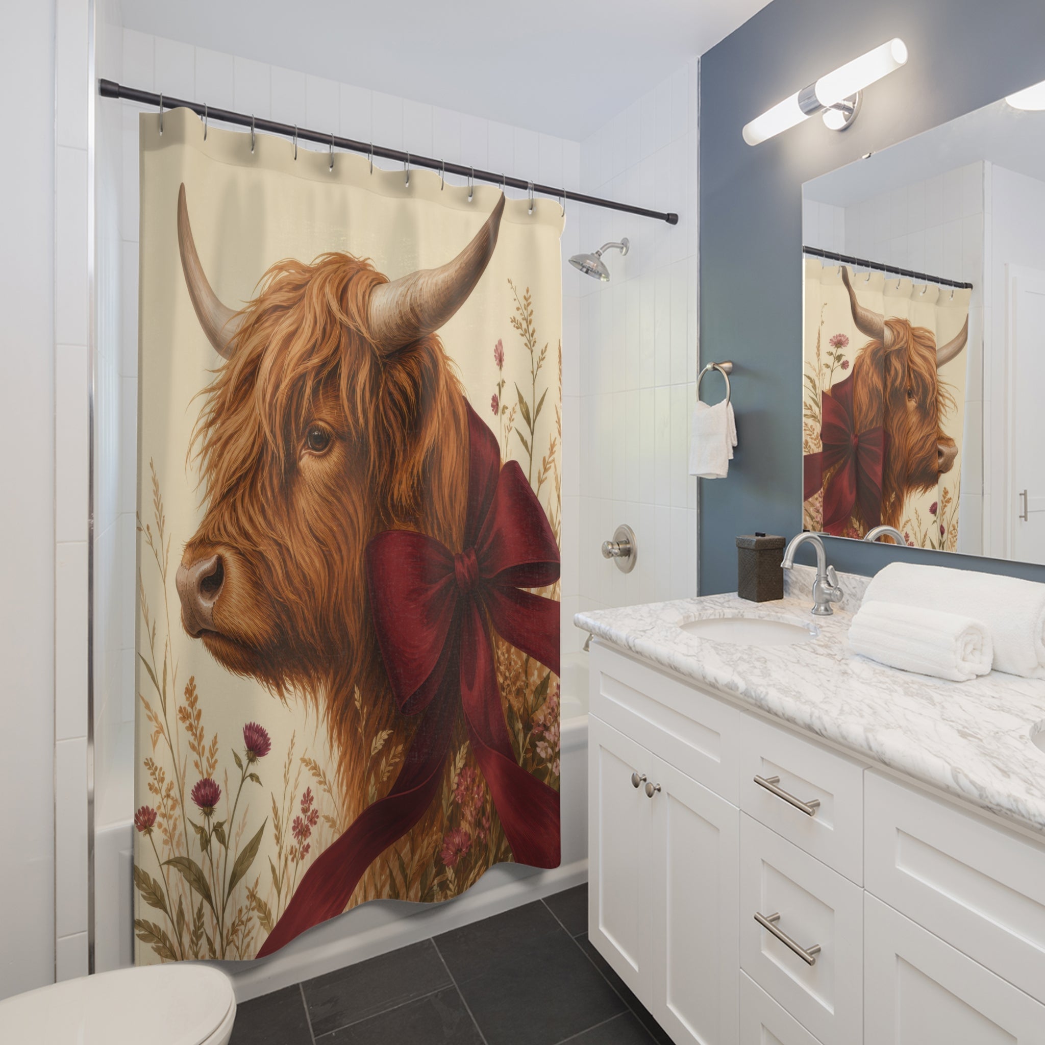 Burgundy Bow Highland Cow Shower Curtain