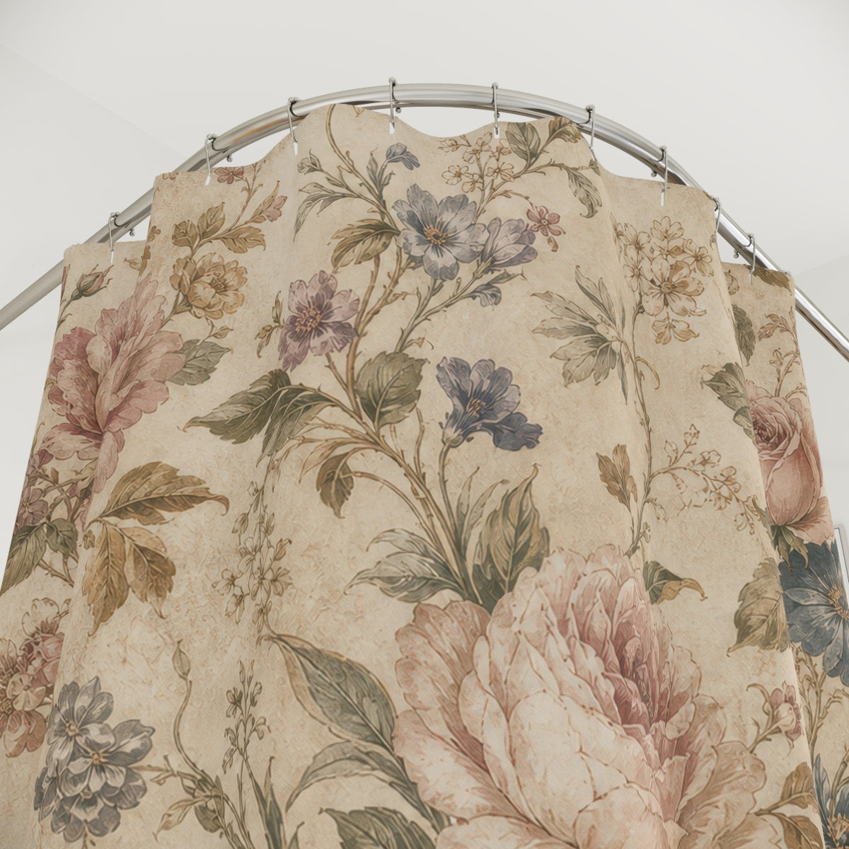 Cottage Floral vintage rose soft shower curtain with close-up print, hooks, and folds
